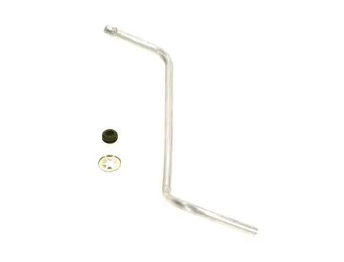 Messrohr aus Metall mit einer gebogenen Form, daneben eine schwarze Dichtung und eine runde, metallische Unterlegscheibe. Teil von Bosch für Druckdifferenzschalter.